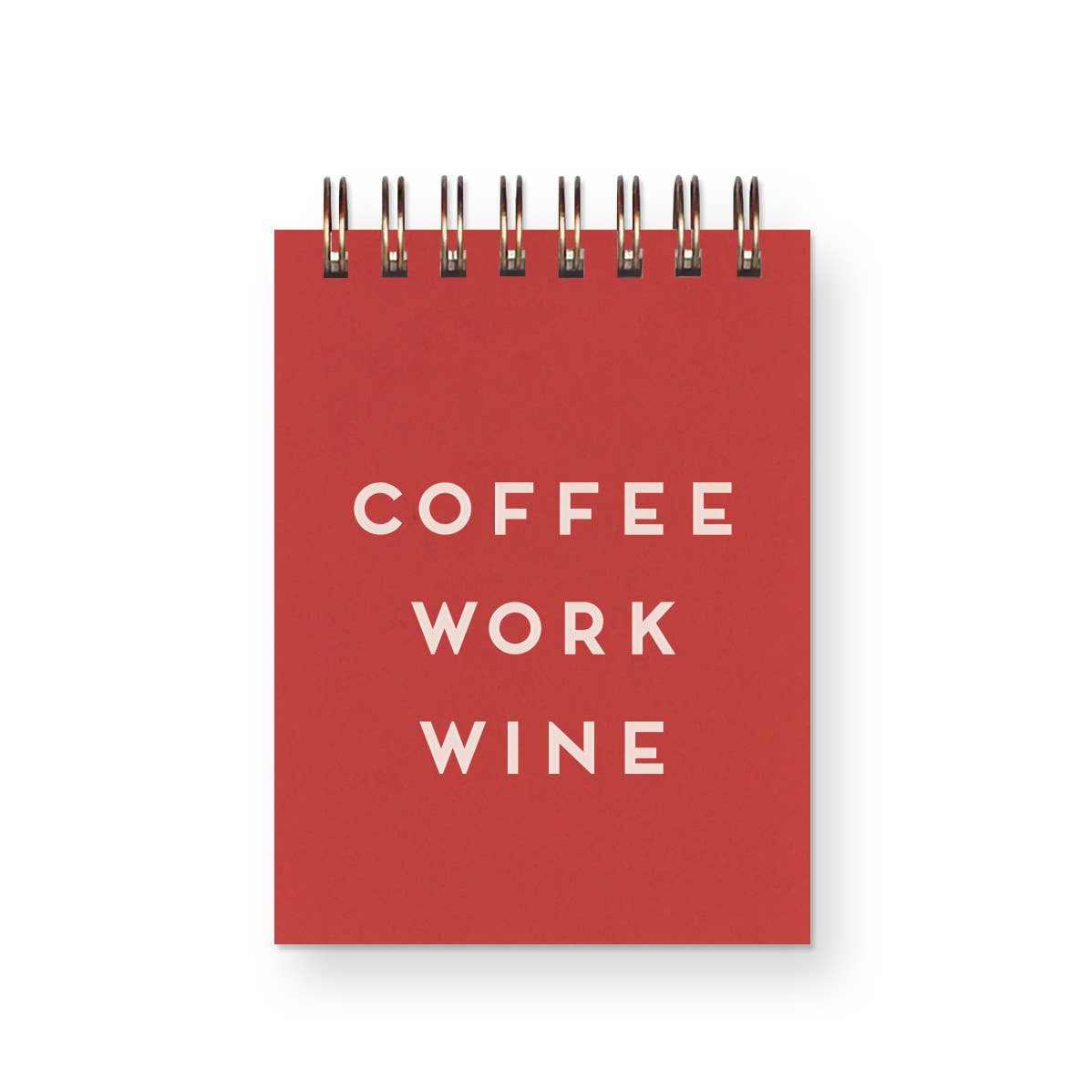 Red mini notebook with 'COFFEE WORK WINE' text on a white background