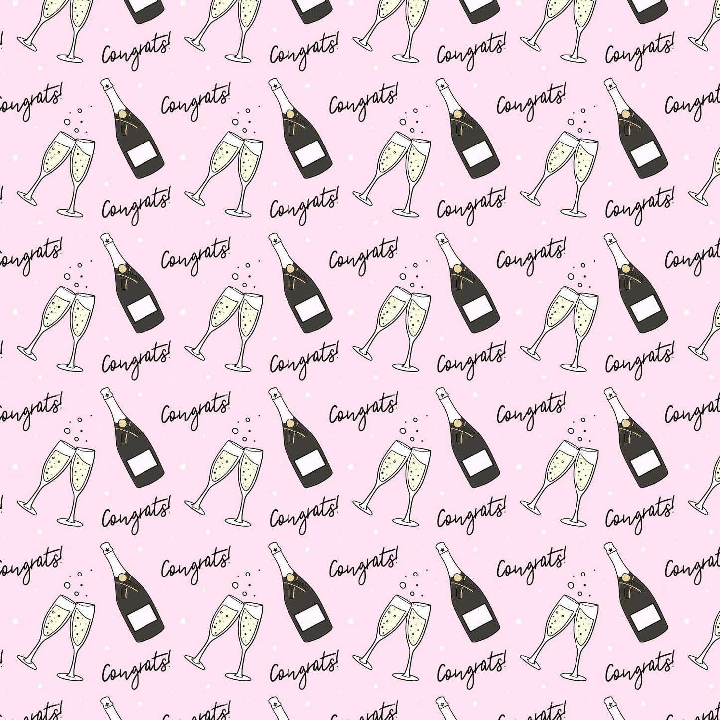 roll of wrapping paper that has a pink background with a continuous pattern of a champagne bottle, two flutes clinking and the text "congrats" all over