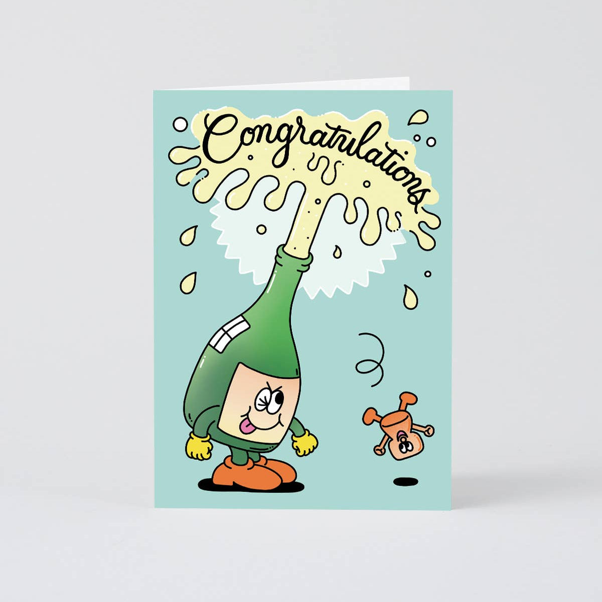 Cartoon champagne bottle character with 'Congratulations' text on a light blue background