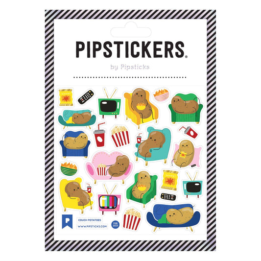 Packaging of Pipstickers with cartoon potato characters on chairs or couches, eating snacks on a white background