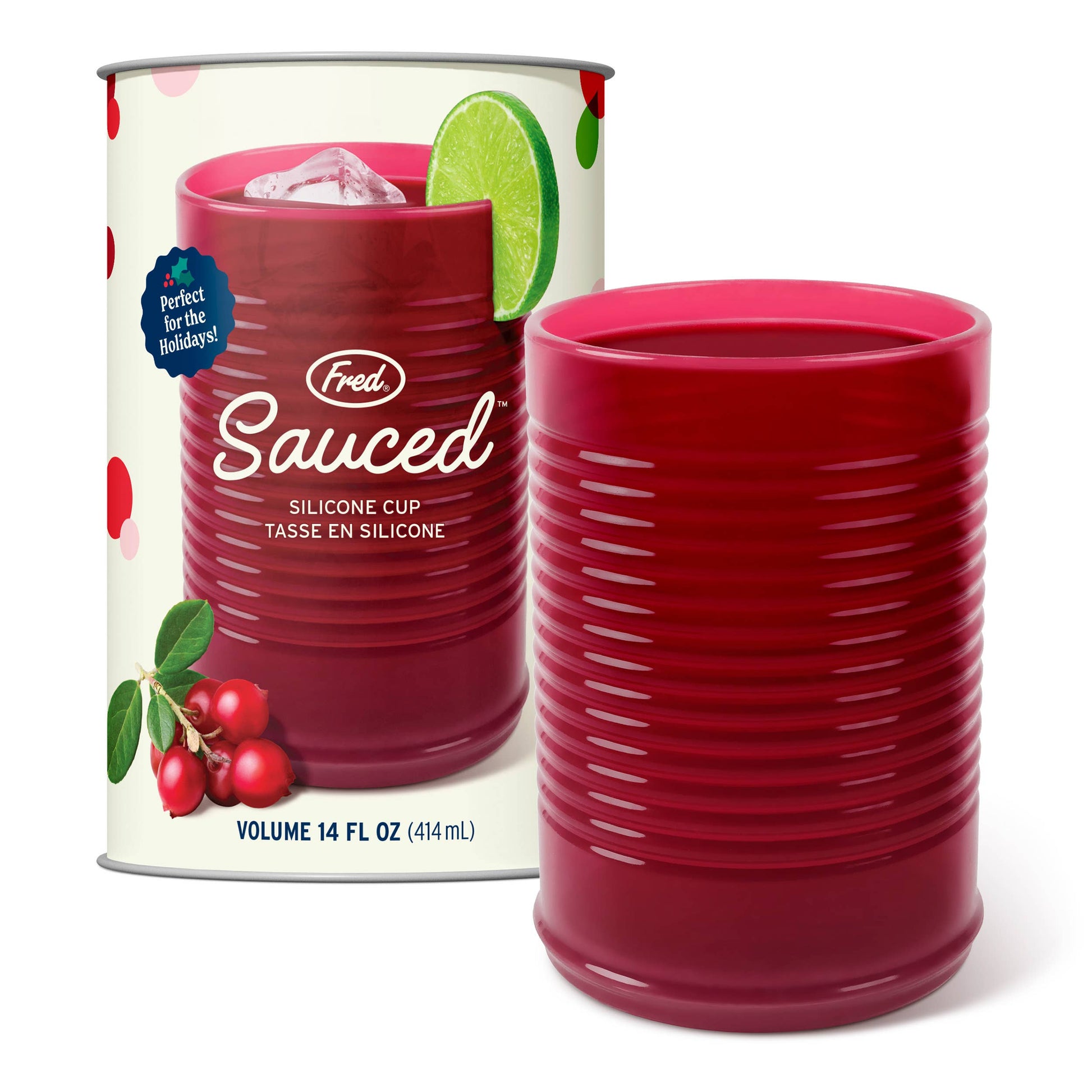 Red silicone cup made to look like canned cranberry sauce, with 'Fred' branding next to its packaging