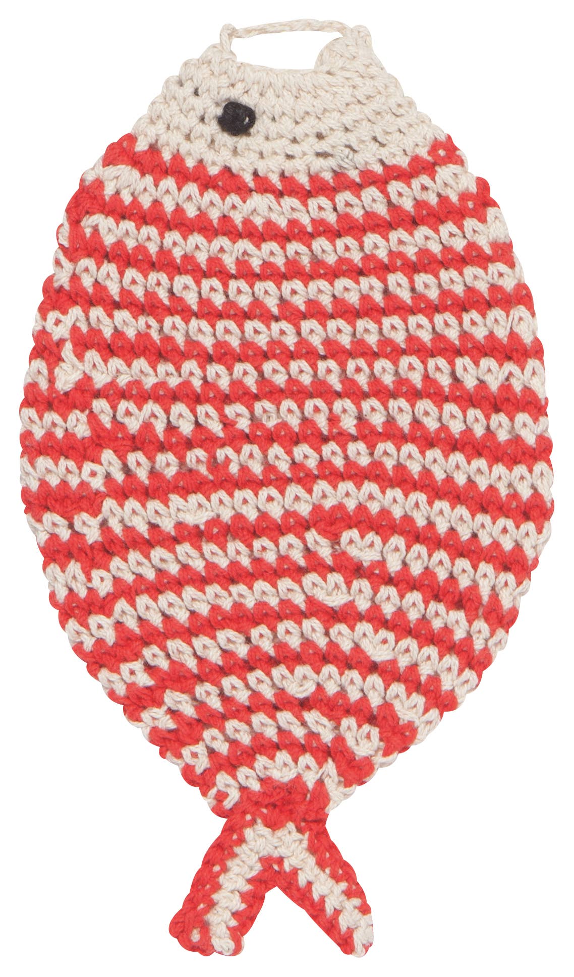 Fish-shaped dish sponge cloth with red and white pattern on a white background