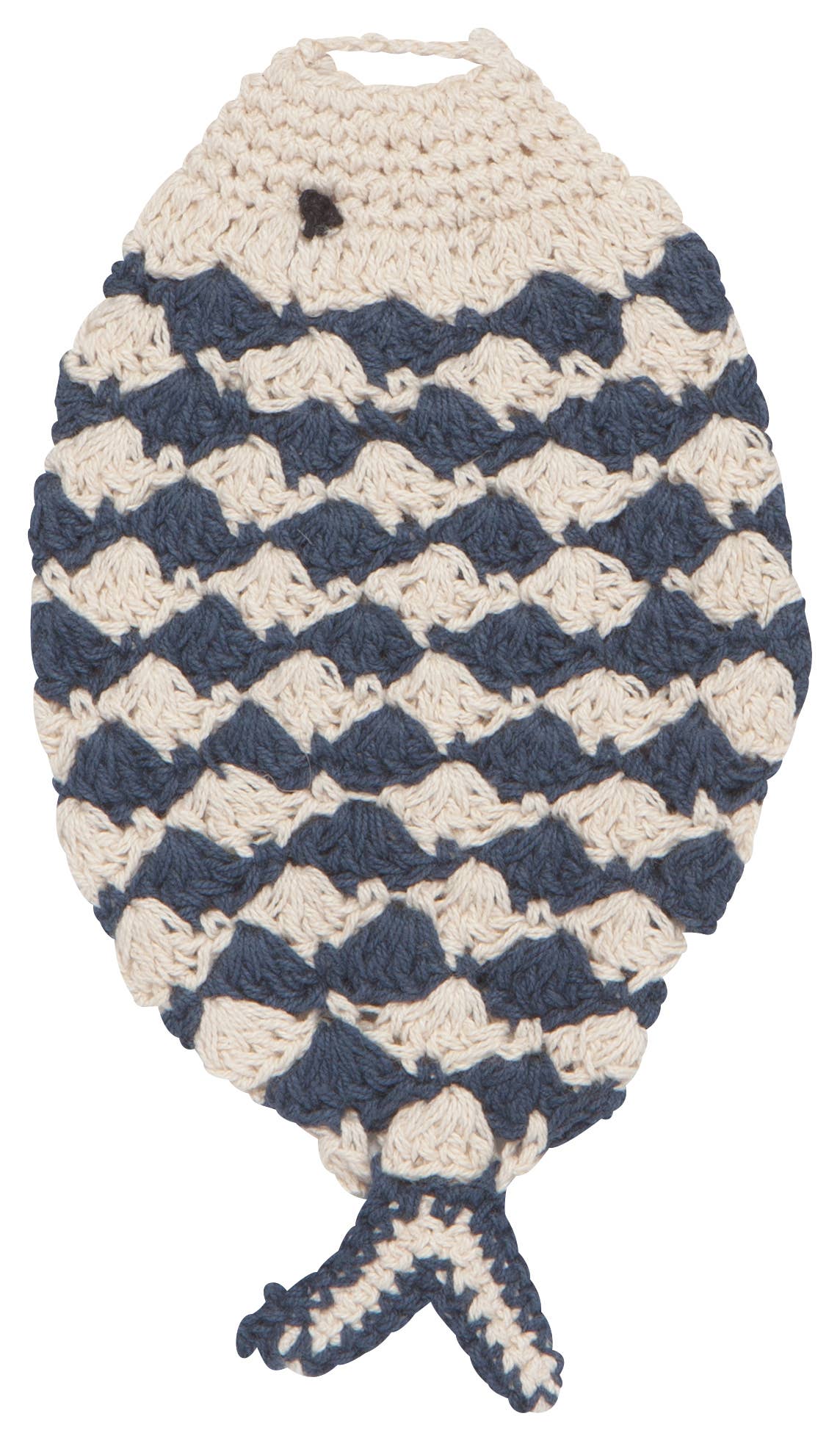Crocheted fish-shaped dish sponge cloth with blue and white pattern on a white background