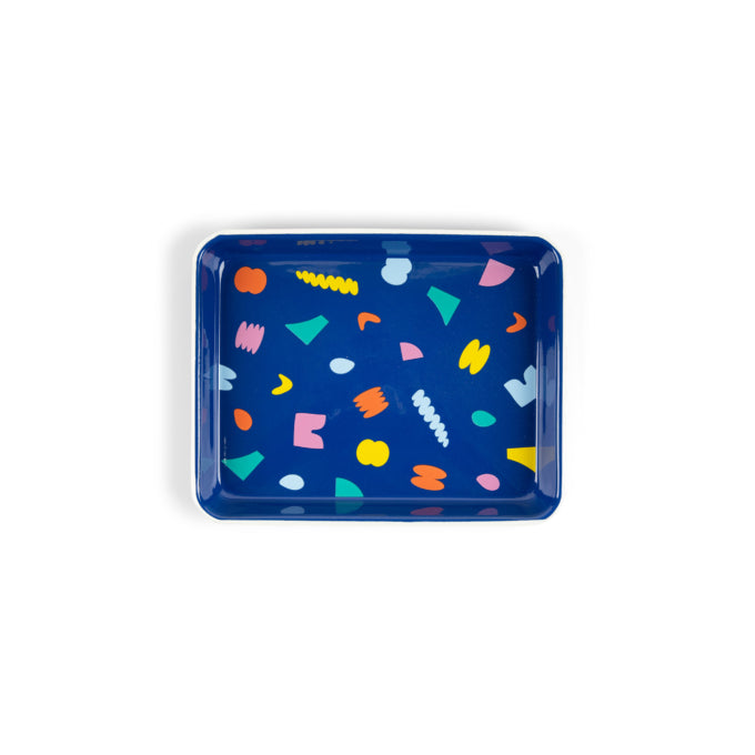 Enamel tray -- blue background with colorful confetti shapes on it