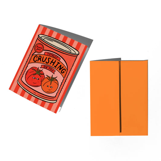 Greeting card with a can of crushed tomato sauce design on a white background