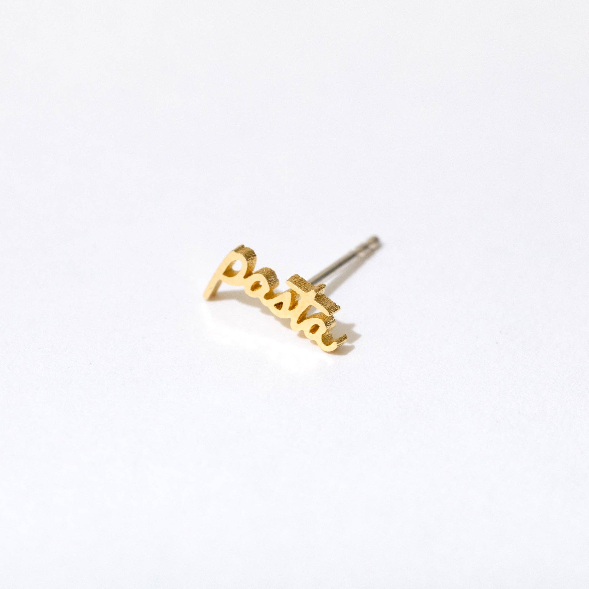 Single 14k gold plated stud earring -- reads "pasta" in handwritten script