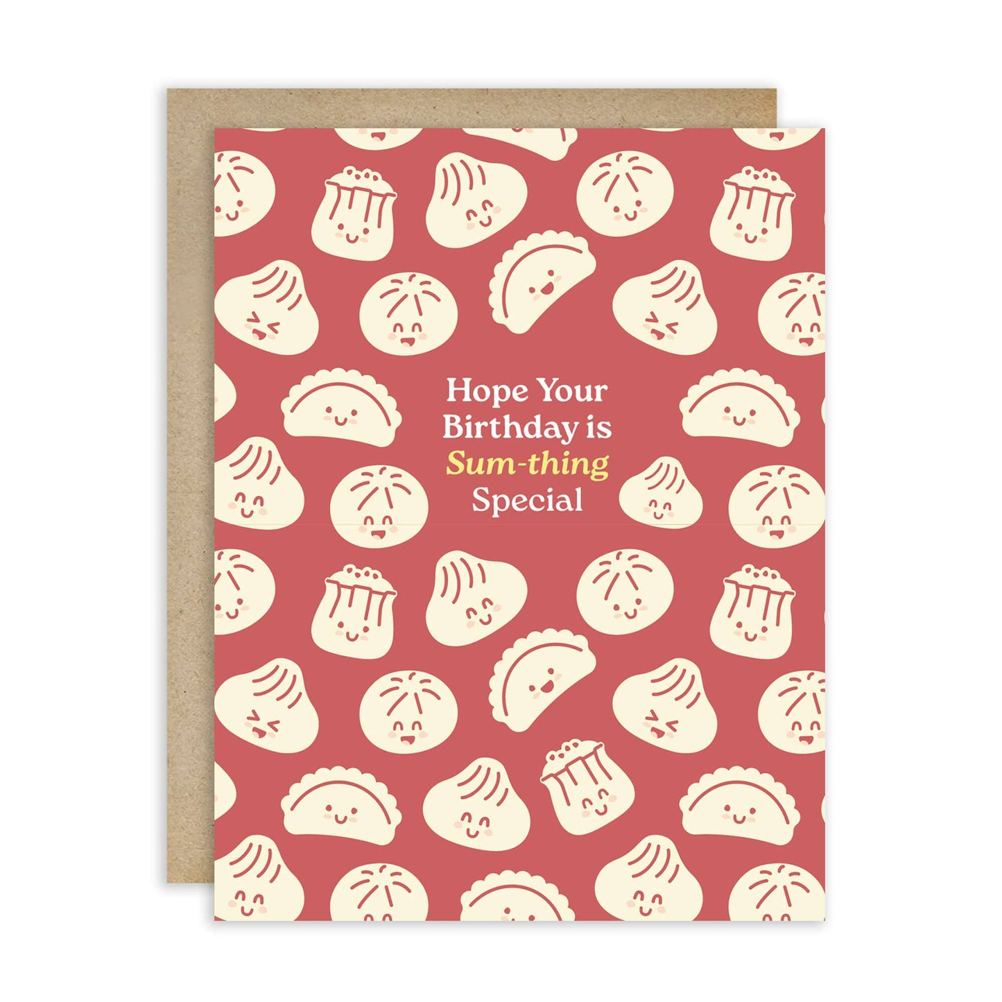 Greeting card with dumpling pattern and birthday message "Hope your birthday is sum-thing special" on a red background