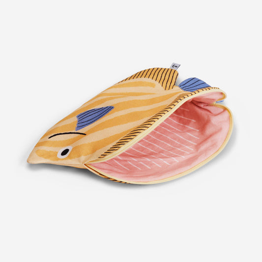 Fish-shaped pouch with a white background. Unzipped to showcase inside pattern of bone structure