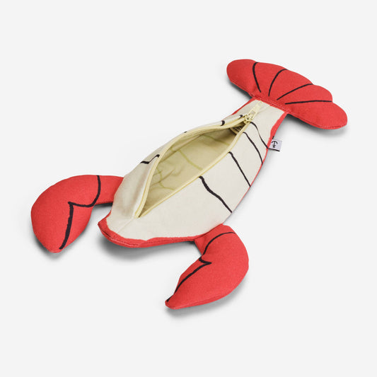 Lobster shaped red pouch with a zipper on its underside
