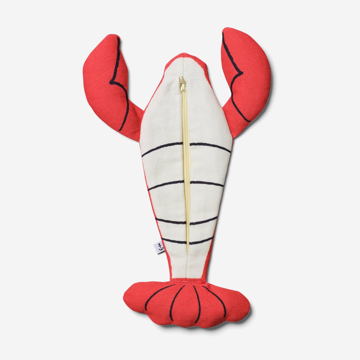 Red pouch shaped like a lobster on a white background. Photo is showing it's underside