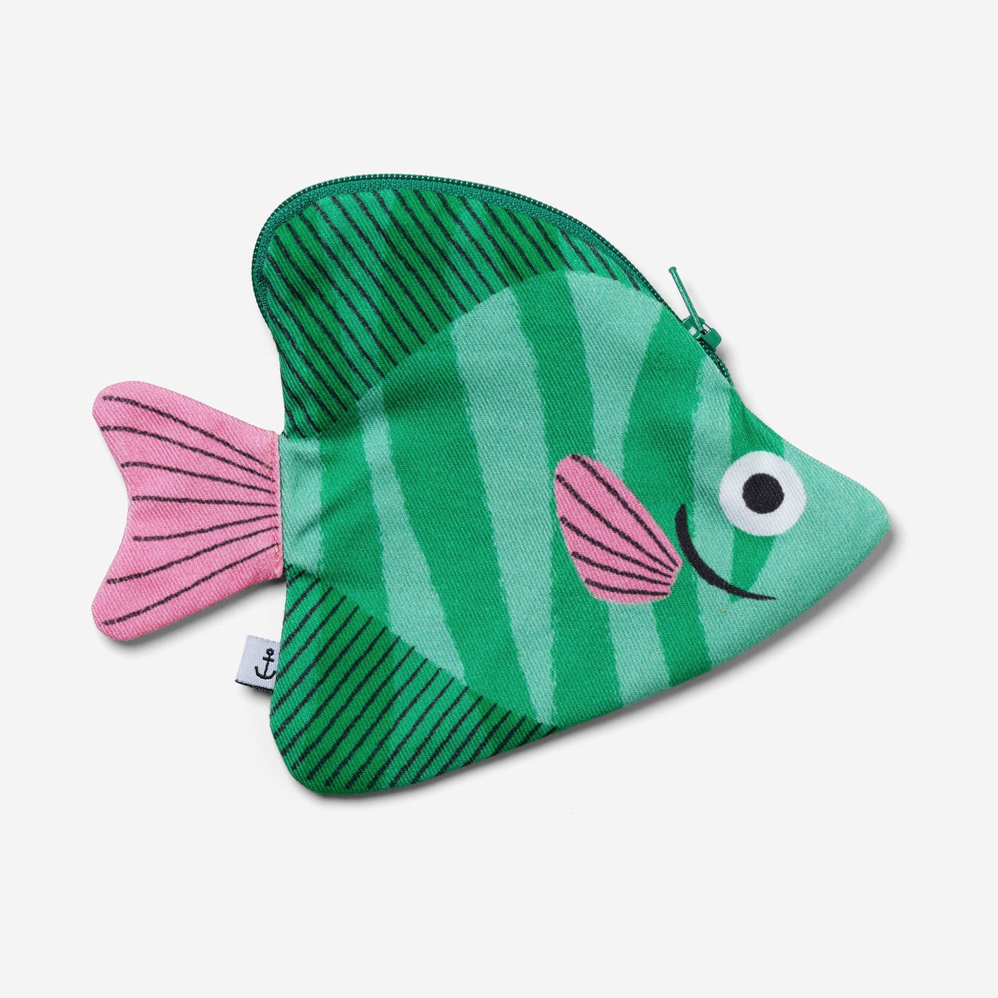 Fish-shaped pouch with green and pink design on a white background