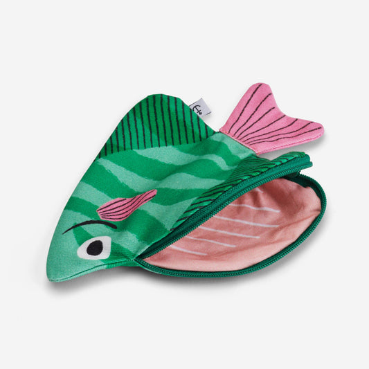 Fish-shaped pouch with green and pink colors on a white background