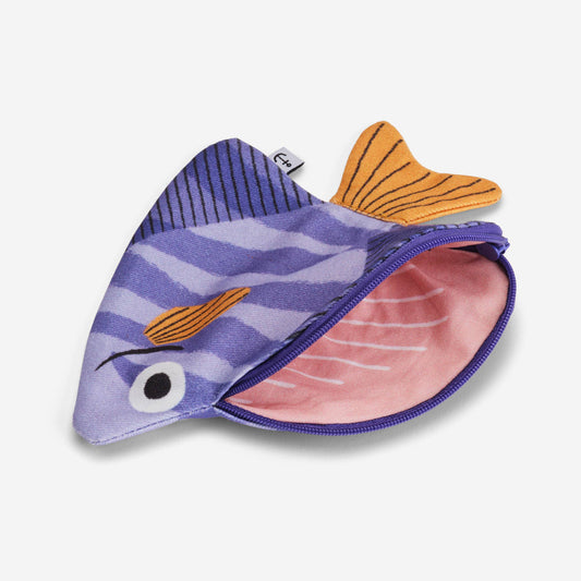 Moonyfish-shaped toy with purple and pink design on a white background