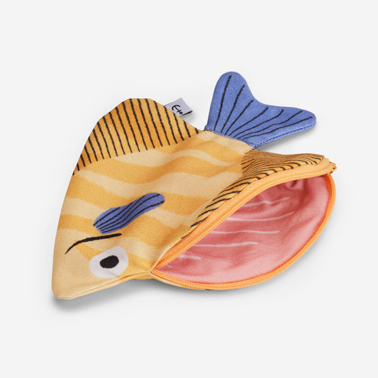 Fish-shaped pouch with open compartment to showcase internal bone structure on a white background