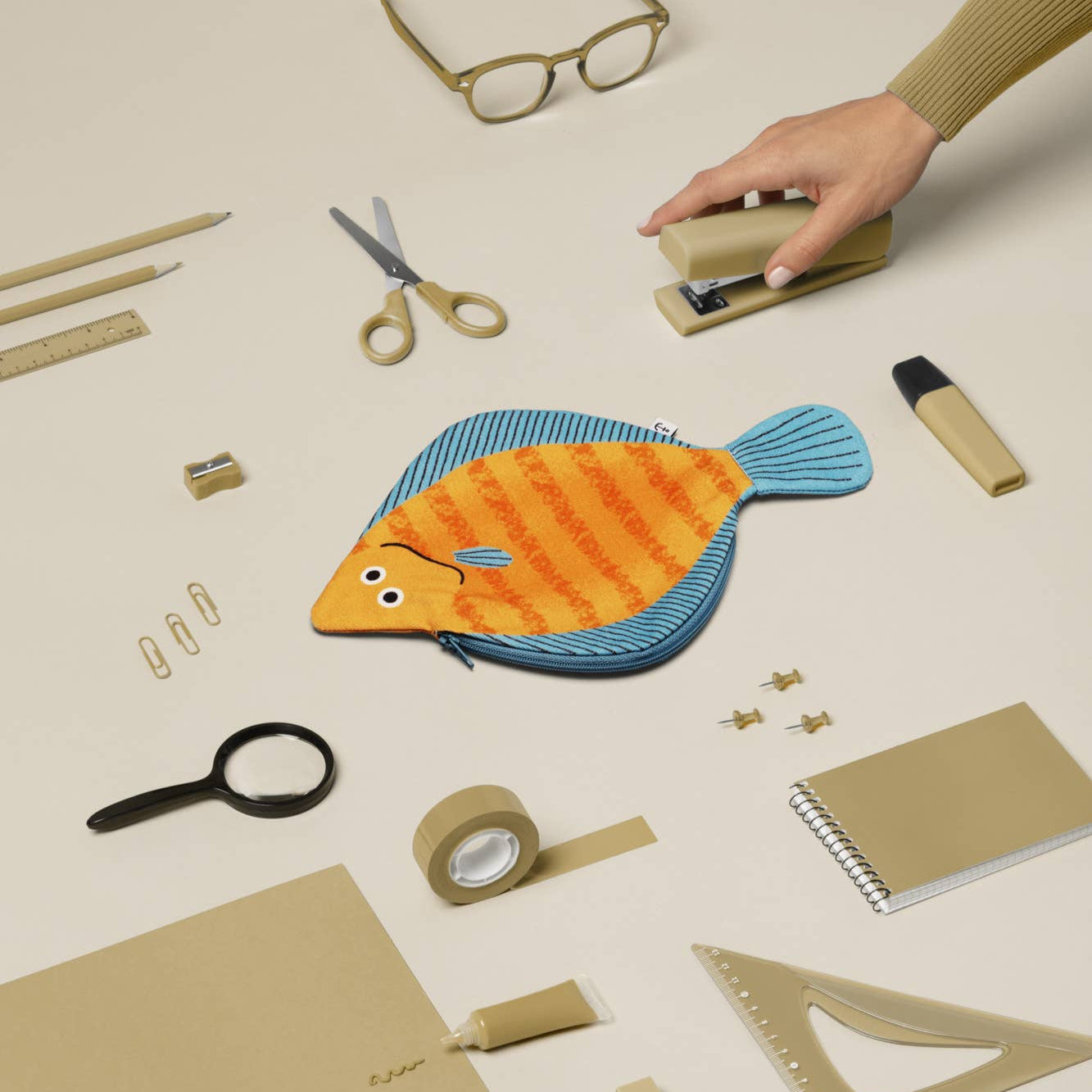 Plaice fish case sitting among beige stationery-ware for size and color reference.