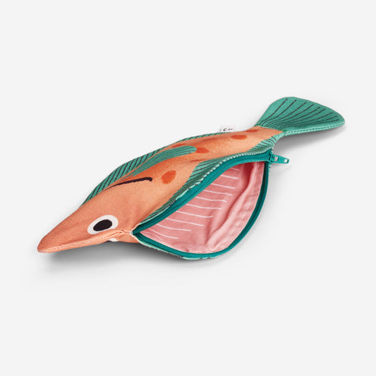 Fish-shaped pouch with open front on a white background
