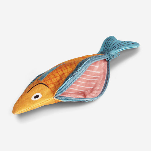 Fish-shaped pouch with zipper on a white background