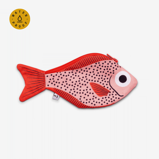 Fish-shaped pouch with red and pink design on a white background
