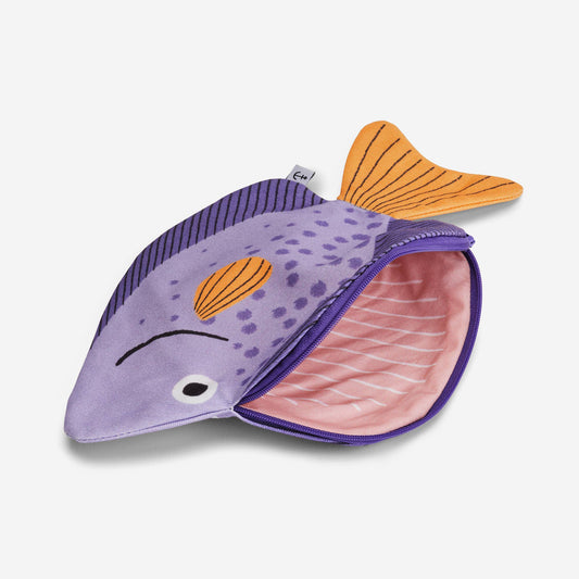 Fish-shaped pouch with purple body and orange tail on a white background