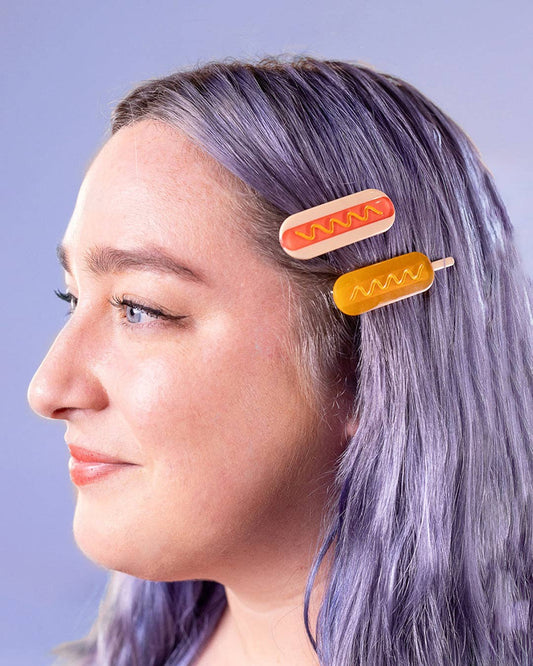 Set of hair clips -- one hot dog and one corn dog