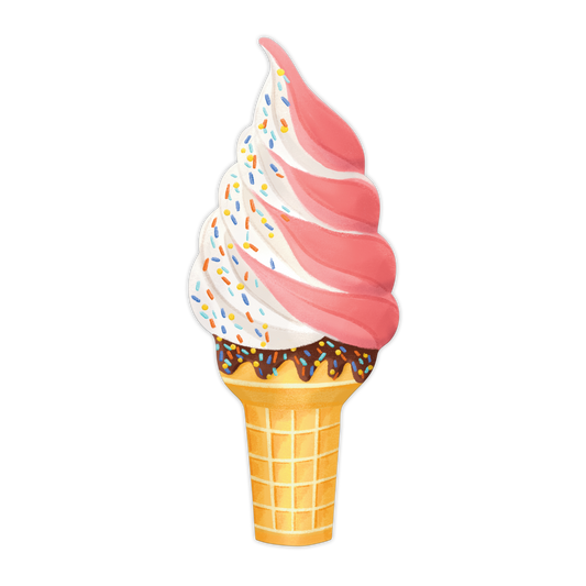Ice cream cone with pink and white swirls and colorful sprinkles on a white background