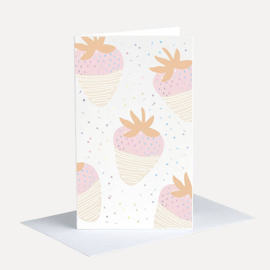Mini note cards, with letterpressed and gold foil design of confetti and chocolate covered strawberries. Color palette is a light, pastel, airy vibe.