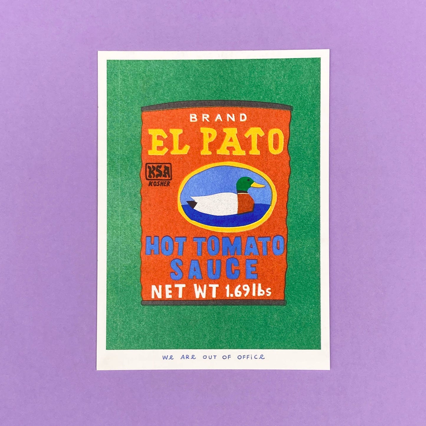 Vintage-style illustration of El Pato hot tomato sauce can on a green background