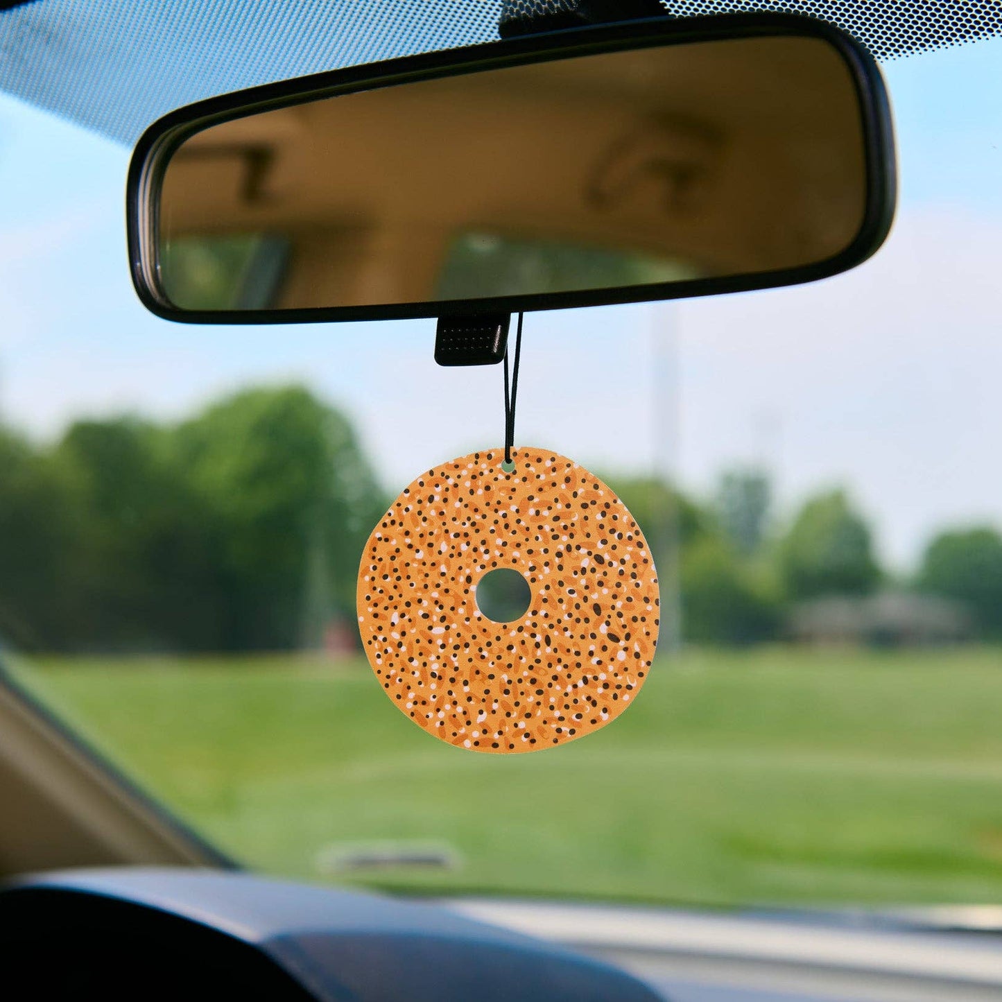Car air freshener hanging from a rearview mirror with a scenic background