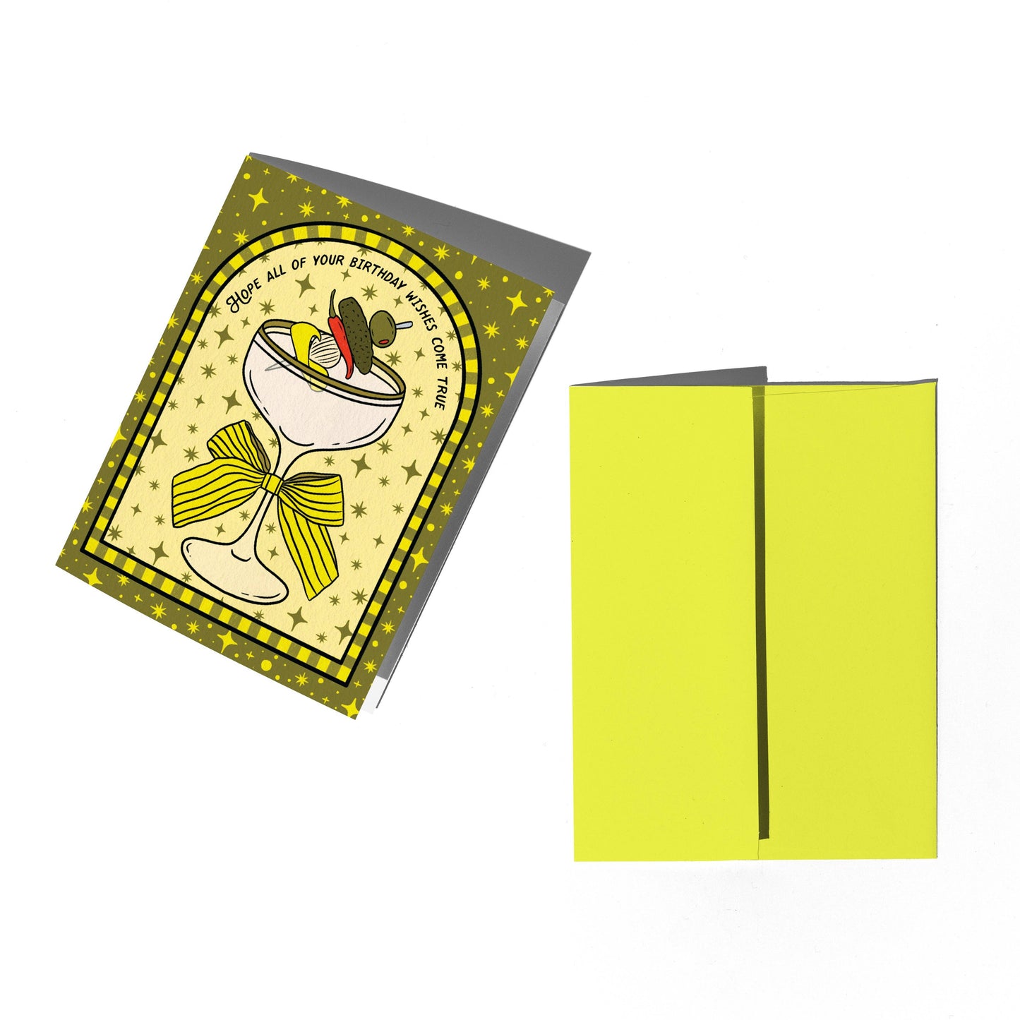 Birthday card with cocktail illustration and yellow envelope on a white background