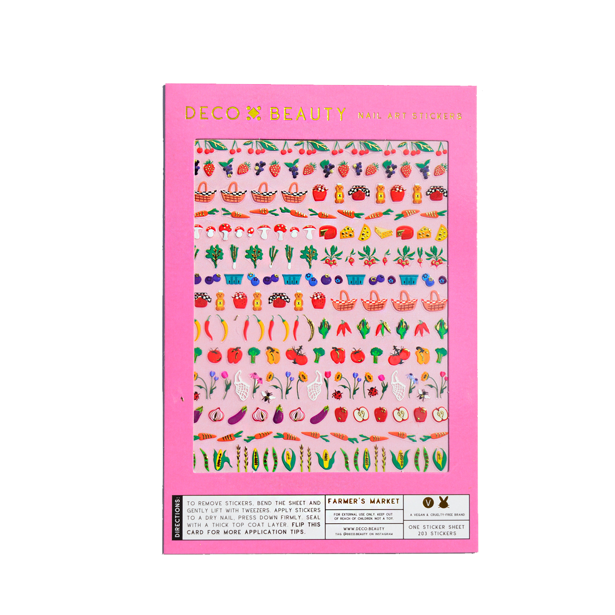 Sheet of Deco Beauty nail art stickers with colorful farmer's market themed illustrations on a pink background