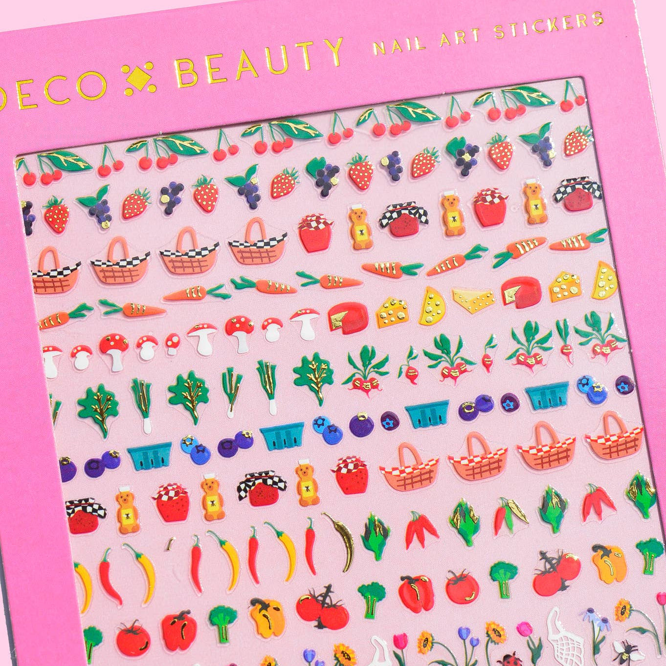 Sheet of colorful stickers with various farmers market themed designs on a pink background