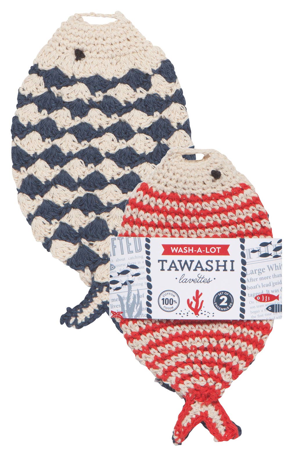 Two crocheted washcloths withfish designs on a white background