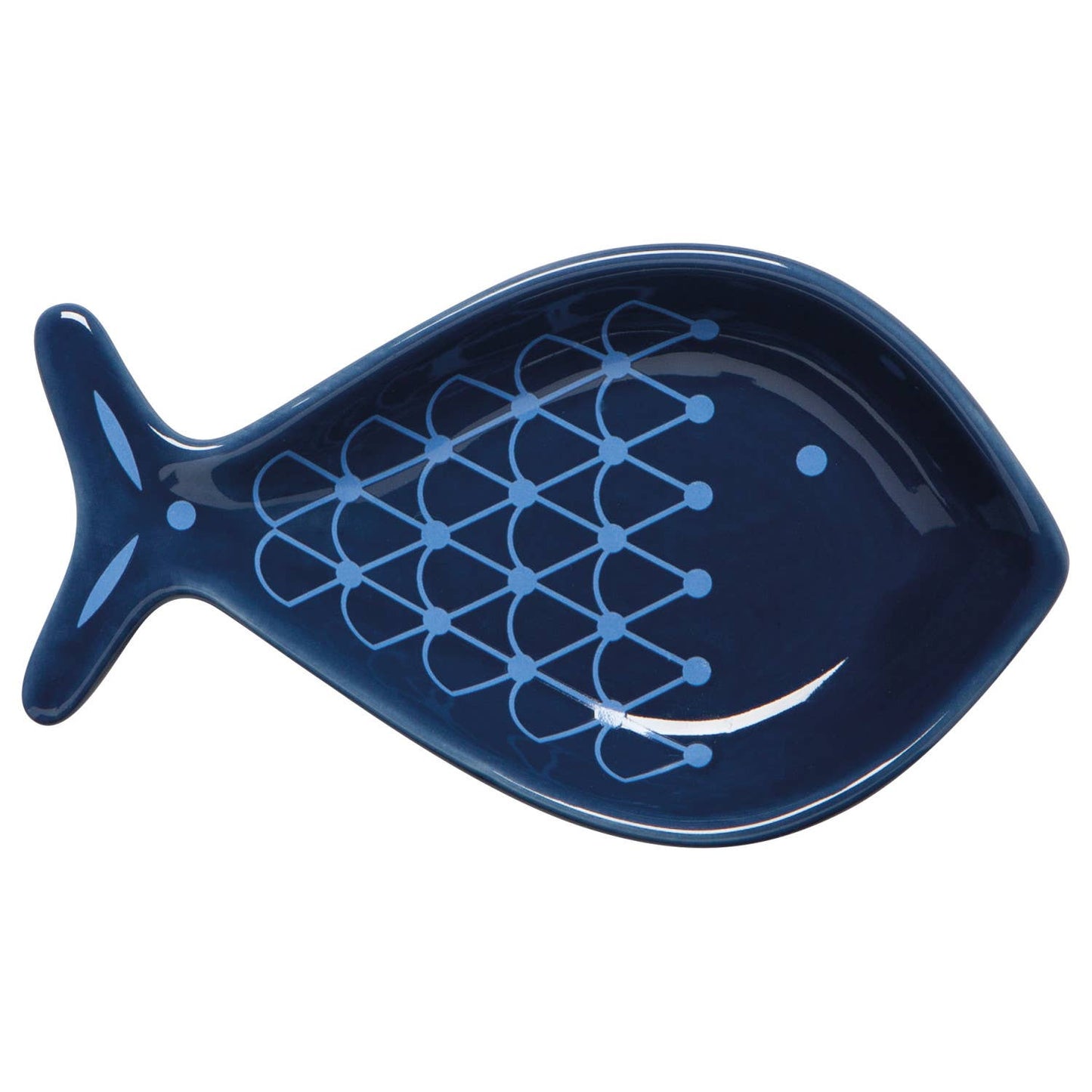 Blue fish-shaped plate on a white background