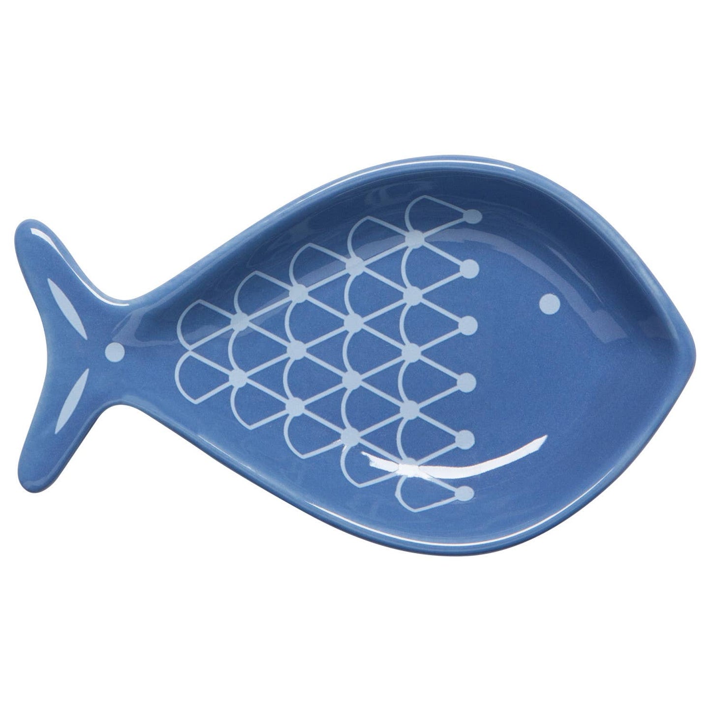 Blue fish-shaped plate with a white geometric pattern on a white background