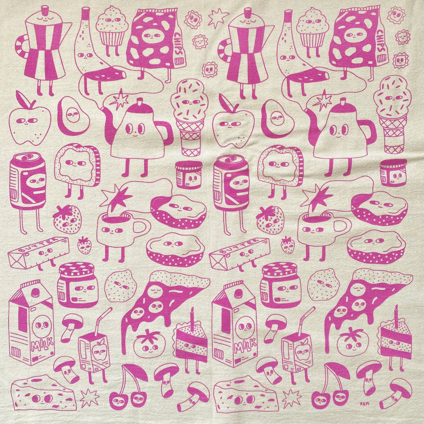 tea towel with various foods/snacks/drinks printed with magenta ink