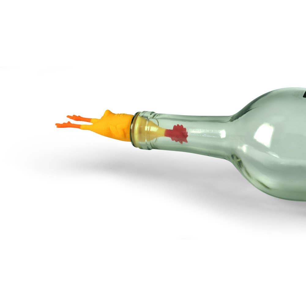 wine stopper that looks like a yellow rubber chicken inside wine bottle