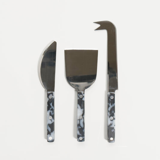 Set of 3 cheese knives, each with black and white handles -- (soft cheese), (semi-soft cheese) (hard cheese)