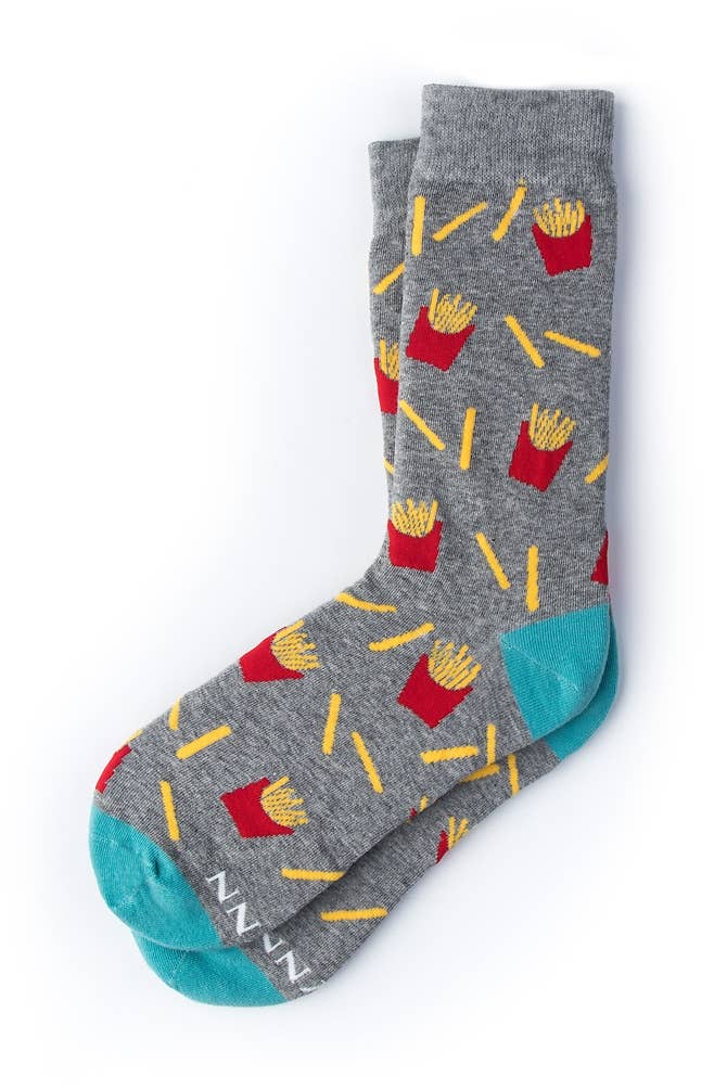 Gray socks with french fry pattern on a white background