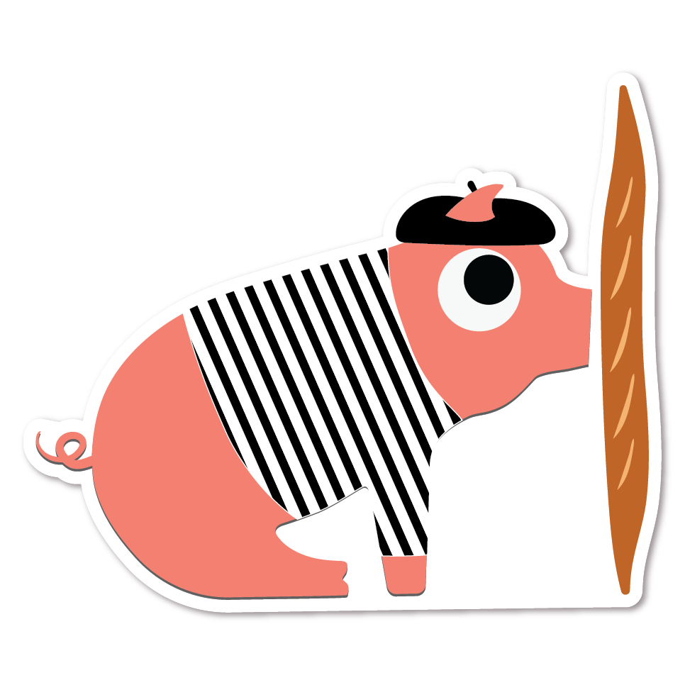 Sticker of a pig wearing a black and white striped shirt and a black beret kissing a baguette