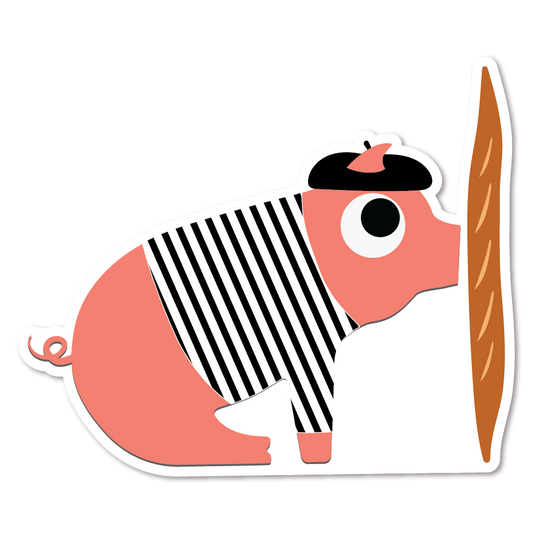 Sticker of a pig wearing a black and white striped shirt and a black beret kissing a baguette