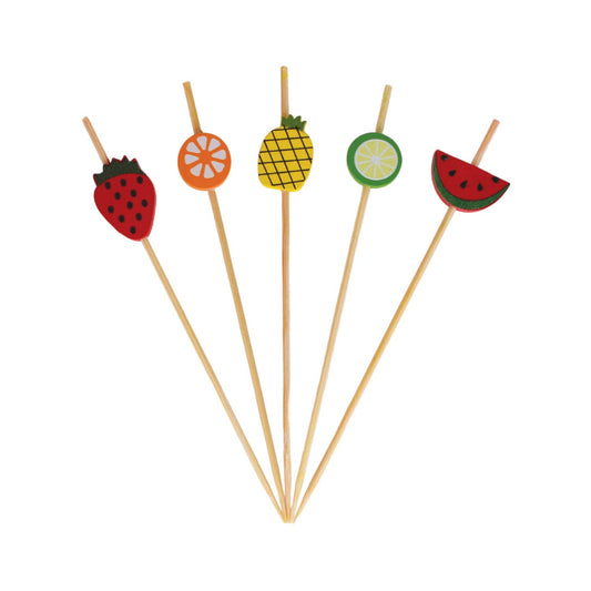 Set of 5 wooden cocktail or appetizer picks, each with a different fruit design on the top. Fruits pictured are strawberry, orange, pineapple, lime and watermelon.