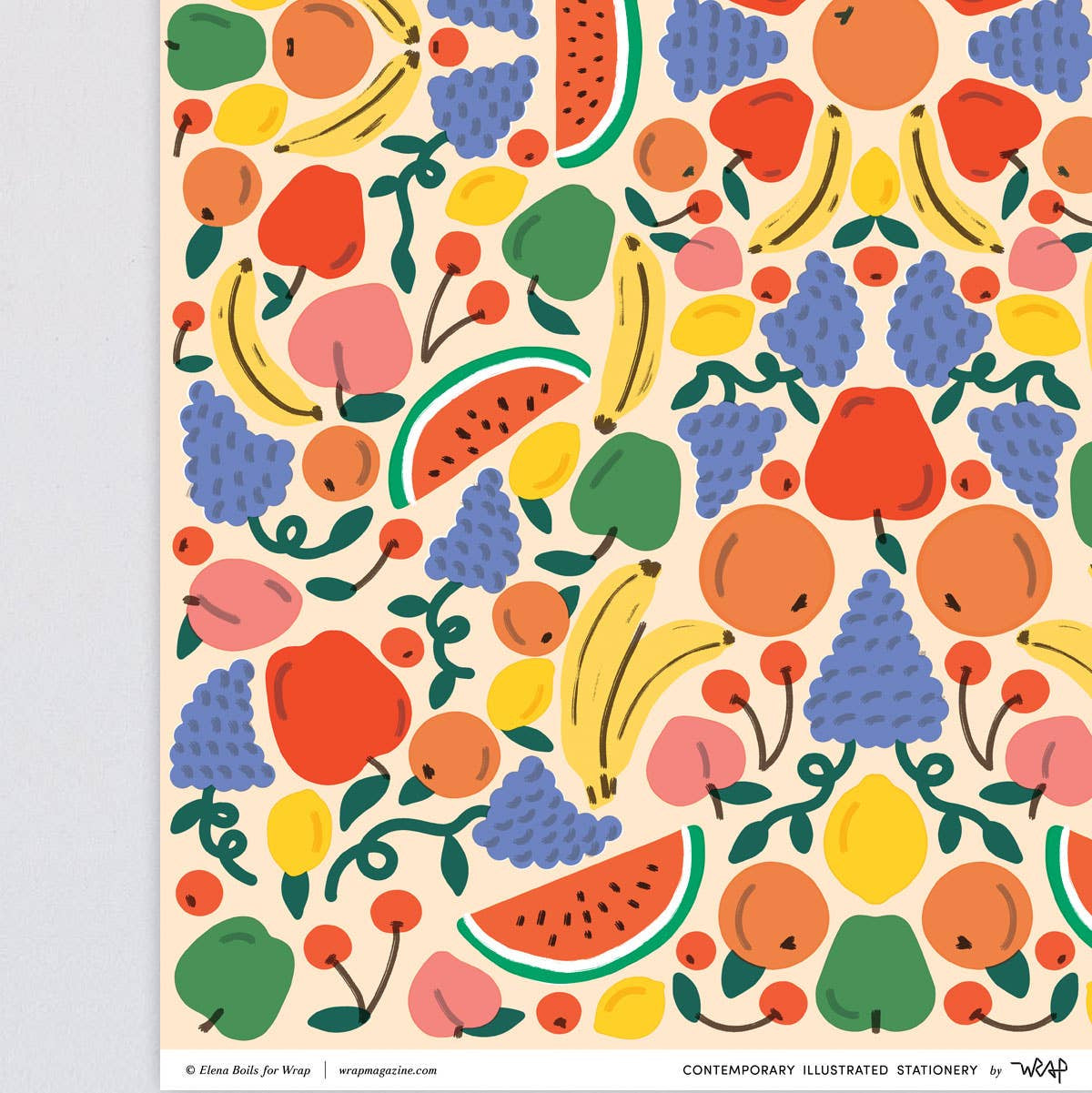 close up of the sheet of gift wrap with various fruits on it including bananas, apples, grapes, watermelon, cherries, oranges, lemons and peaches