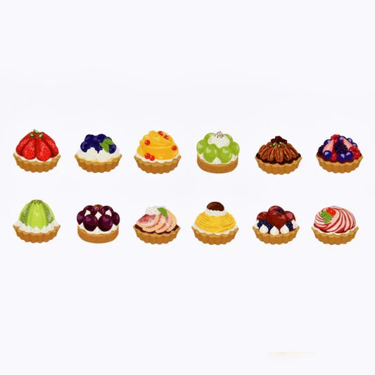 Row of small fruit tart washi stickers on a white background
