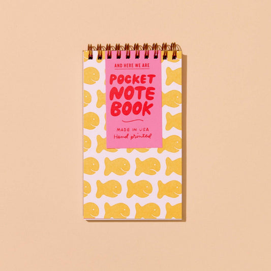 spiral bound, pocket notebook with a goldfish cracker design
