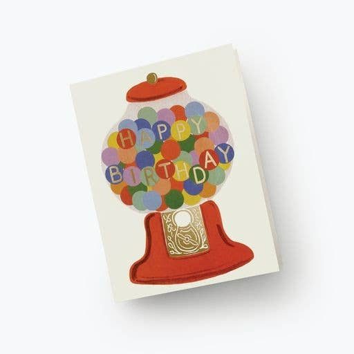 Gumball machine birthday card --- gumball machine filled with colorful gumballs and text on it that reads "Happy Birthday"