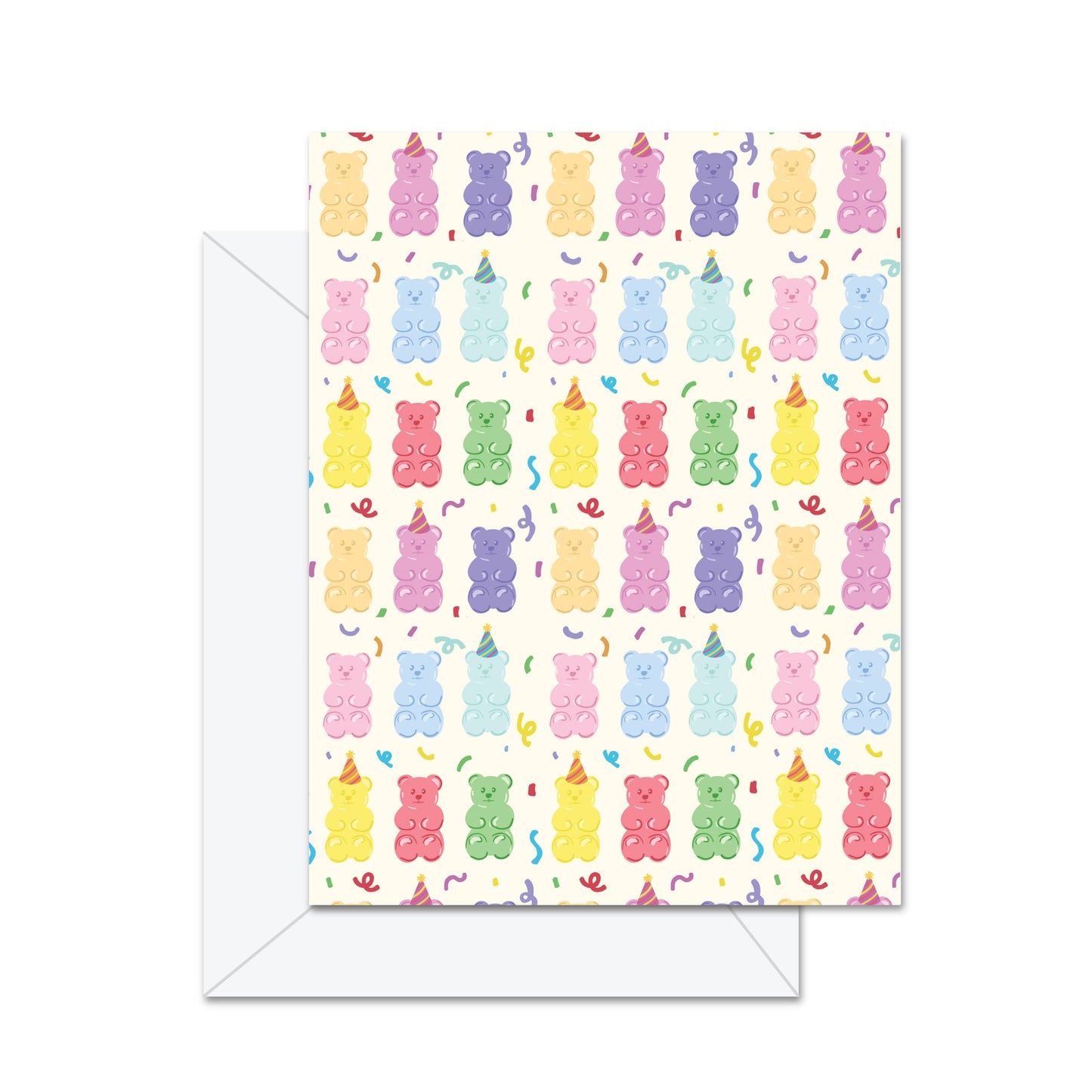 Greeting card with colorful gummy bear pattern on a white background
