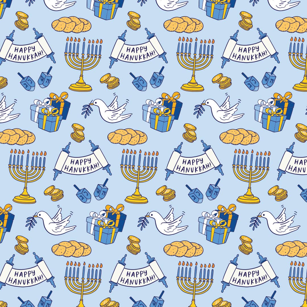 Hanukkah-themed wrapping paper pattern with menorahs, dreidels, and other symbols on a blue background.