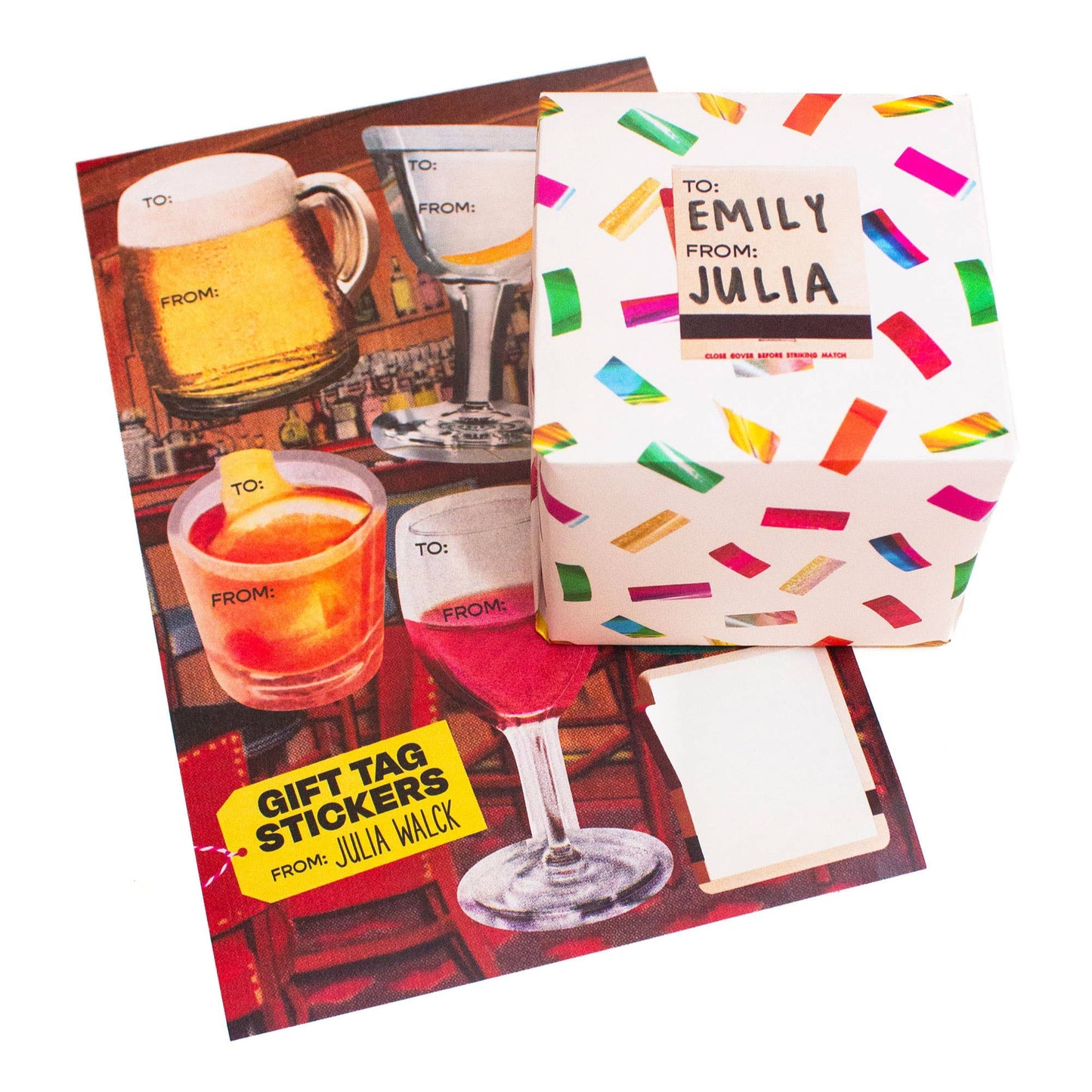 Set of gift tag stickers with drink-themed designs and a gift with a colorful confetti design.