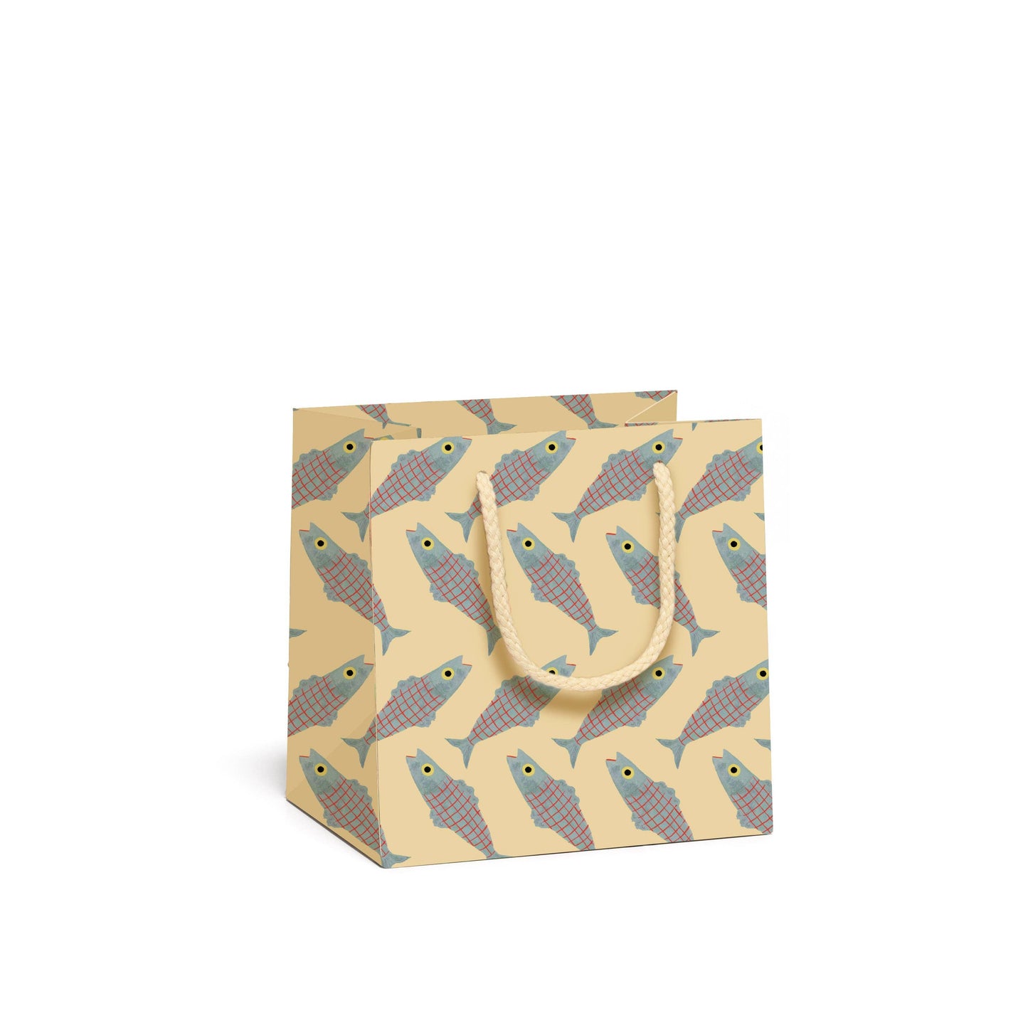 Small gift bag with herring fish pattern on a beige background