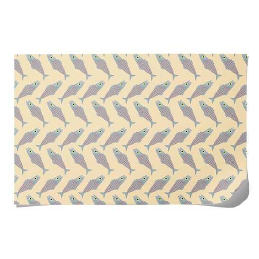 Patterned gift wrap sheet with herring fish design on a beige background
